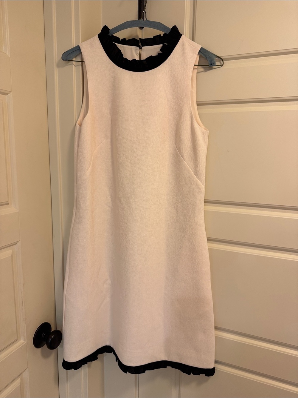 JCrew Sleeveless Cream Dress with Black Ruffle Trim